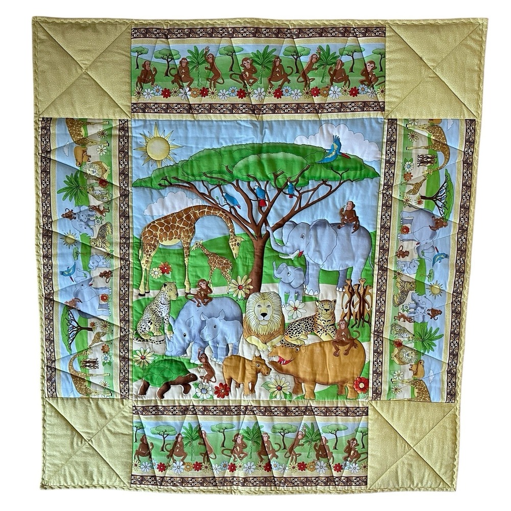 Safari Animals Jungle Baby Quilt or Wall Hanging Multicolor Handmade 39x42 EUC‎